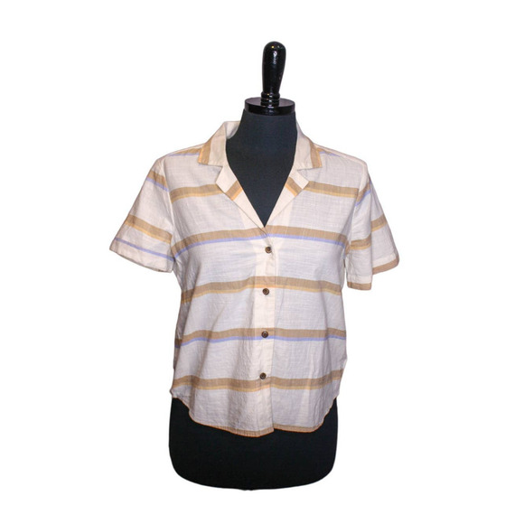Madewell Short Sleeve Button Down Top Cotton Striped Cream Brown Peach Blue S - Picture 1 of 3